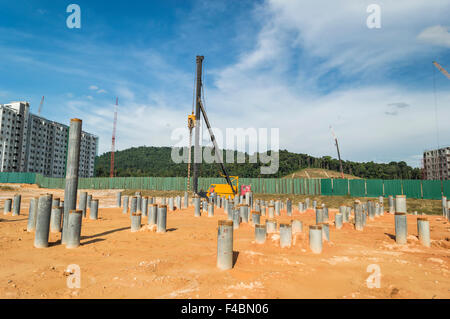 Stack of pile for base construction work Stock Photo