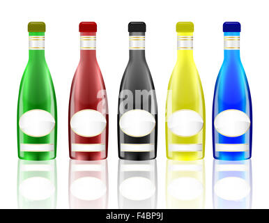 Shiny Glass Bottles with Blank Labels Stock Photo