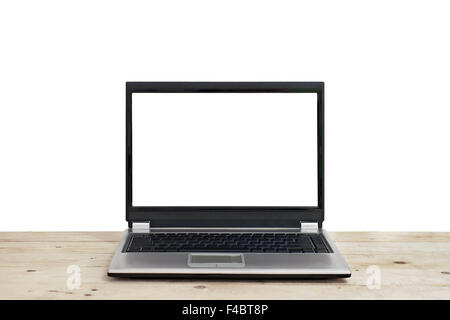 laptop with blank screen on wooden table isolated on white background Stock Photo