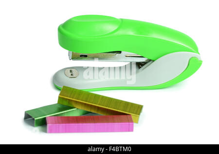 Green stapler isolated on white background Stock Photo