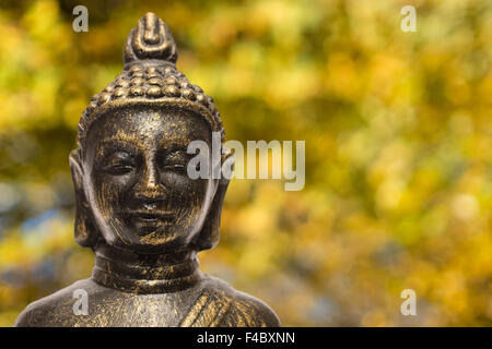 Buddha blurred yellow and orange leafs in fall Stock Photo