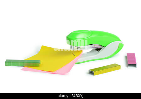 Green stapler isolated on white background Stock Photo