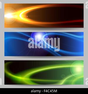 An outer space Banner or header set. Cosmic glowing objects with flare effects and copy space for text. Stock Vector