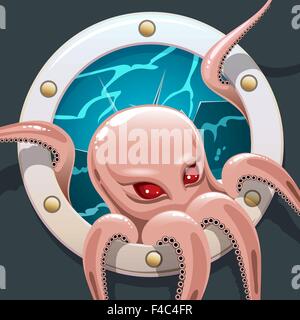 The Octopus gets into ship window. Illustration in cartoon style. Stock Vector