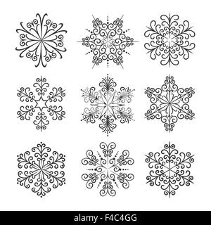 Hand drawn snowflake icon set. Monochrome isolated on white. Stock Vector