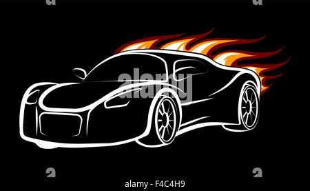 Modern sport car emblem. Burning car isolated on black. Stock Vector