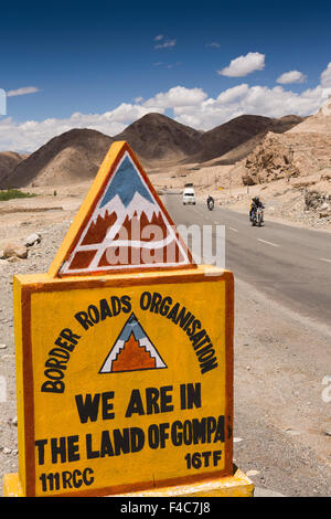 India, Jammu & Kashmir, Ladakh, Stakna, Border Roads Organisation, We Are In The Land Of Gompa sign on Leh-Manali highway Stock Photo