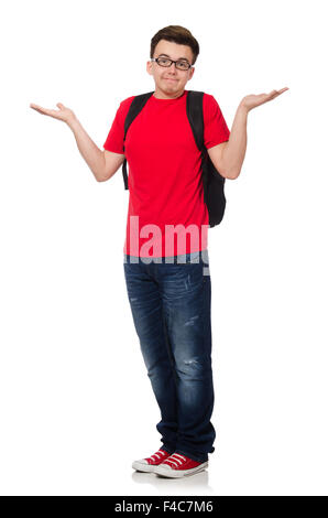 Student with backpack isolated on white Stock Photo