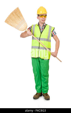 Funny janitor with broom isolated on white Stock Photo