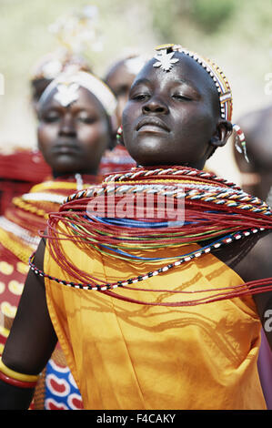 Kenya, Samburu National Reserve, Young female Samburu native in traditional clothing and dance (Large format sizes available) Stock Photo