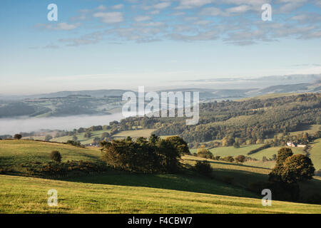 Autumn morning on the Welsh Borders near Knighton - view west from Stonewall Hill in Herefordshire to the hills of mid Wales Stock Photo