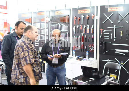 (151016) -- GUANGZHOU, Oct. 16, 2015 (Xinhua) -- Visitors are seen at the India booth during the China Import and Export Fair, or the Canton Fair, in Guangzhou, capital of south China's Guangdong Province, Oct. 16, 2015. A total of 353 enterprises from countries and regions along the 'Belt and Road' participated the current Canton Fair held in Guangzhou, which took nearly 60 percent of all exhibitors. The 'Belt and Road' initiative, standing for the Silk Road Economic Belt and the 21st Century Maritime Silk Road, was unveiled by Chinese President Xi Jinping in 2013. It brings together countrie Stock Photo