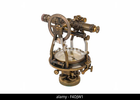 Vintage Brass Surveying Level (Transit, Theodolite) with Compass and natural aged Brass Patina, focus stacked and on white. Stock Photo