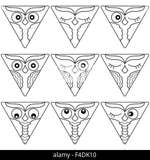 Set of nine cute owl faces placed in a circle and isolated on a white background, cartoon vector black outlines as icons Stock Vector