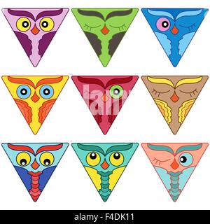 Set of nine cute colorful owl faces placed in triangle shapes and isolated on a white background, cartoon vector illustration as Stock Vector