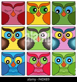Set of nine cute colorful owl faces placed in square forms and isolated on a white background, cartoon vector illustration as ic Stock Vector