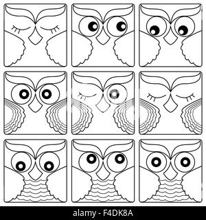 Set of nine cute owl faces placed in square forms and isolated on a white background, cartoon vector black outlines as icons Stock Vector
