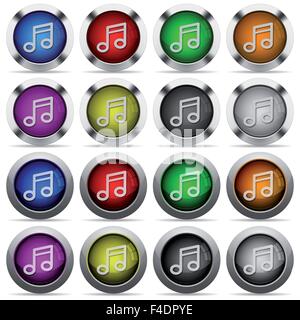 Set of 16 round glossy color music web buttons with shadows. Fully organized layer structure and color swatches. Easy to recolor Stock Vector