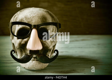 a scary and funny skull with eyeglasses, fake nose and mustache on a rustic wooden surface, with a filter effect Stock Photo