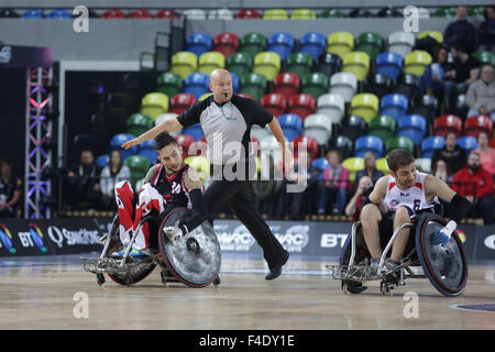 London, UK. 16th October, 2015. World Wheelchair Rugby Challenge Final US vs Canada. Canada win gold 54-50.  Copperbox, Olympic Park, London, UK. 16th October 2015.Referee in action !Copyright Carol Moir/Alamy Live News. Stock Photo