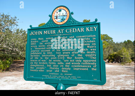 USA, Florida, Cedar Key, St. Clair Whitman State Museum, informational sign regarding John Muir at Cedar Key. Stock Photo