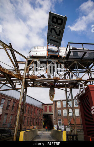 Massachusetts Museum of Contemporary Art, Flying Airstream, 'The Shining', part of 'All Utopias Fell' by artist Michael Oatman, exterior Stock Photo