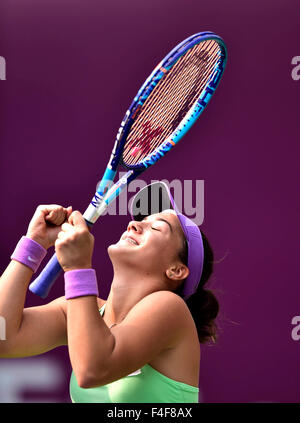 Tianjin. 17th Oct, 2015. Danka Kovinic of Montenegro celebrates defeating Bojana Jovanovski of Serbia after their singles' semifinal of 2015 Tianjin Open Tennis Tournament at Tianjin Tuanbo International Tennis Center in Tianjin, China on Oct. 17, 2015. Danka Kovinic won 2-1. Credit:  Yue Yuewei/Xinhua/Alamy Live News Stock Photo