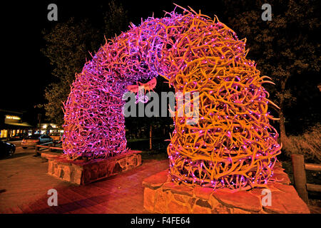 The iconic antler arches mark the four corners of the town square in Jackson Hole, Wyoming. An arch is built from over 2000 antlers and weighs over 10,000 pounds. They are maintained by the town's Rotary Club. (Large format sizes available) Stock Photo