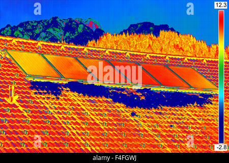 Thermovision image of Photovoltaic Solar Panels on the roof House Stock Photo