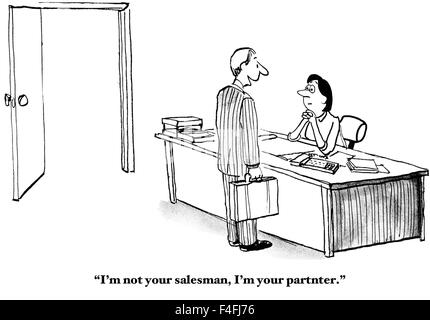 Business cartoon of man saying to woman, 'I'm not your salesman, I'm your partner'. Stock Photo