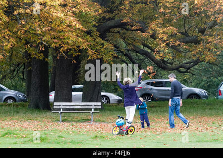 Wimbledon London,UK. 17th October 2015. A family with  parents and children playing  together and throwing autumn leaves on Wimbledon Common Credit:  amer ghazzal/Alamy Live News Stock Photo