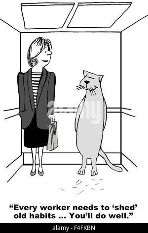 Business cartoon of businesswoman saying to cat that is shedding, 'Every worker needs to 'shed' old habits... You'll do well'. Stock Photo