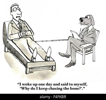 Business, medical and legal cartoon of man talking to dog therapist and saying, 'I woke up...'why do I keep chasing the bone?'.' Stock Photo