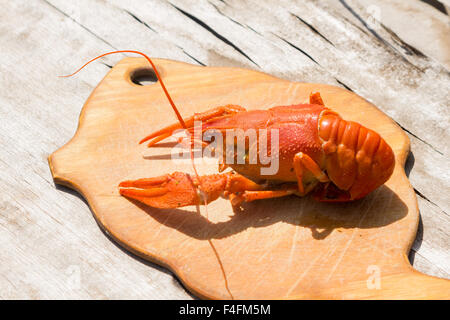 Cooked lobster on a wooden chopping board. Against the background of aged wood. Stock Photo