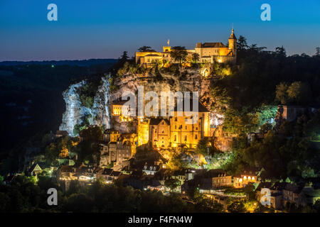 Twilight in Rocamadour, Pilgrimage site, Departement Lot, Midi Pyrenees South west France Europe Stock Photo