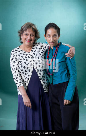 Yasmin Alibhai-Brown (left), the Ugandan-born British journalist and author & Bidisha, the British Indian broadcaster and journalist, at the Edinburgh International Book Festival 2015 Stock Photo