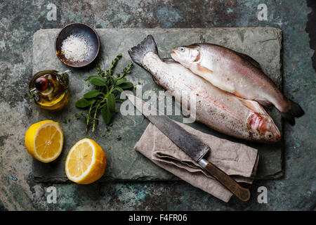 Raw uncooked Trout fish with spices and herbs on slate board Stock Photo