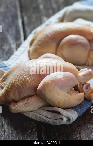 Two Raw mini Chicken on kitchen towel over old wooden table. Dark rustic style. Natural day light. Stock Photo