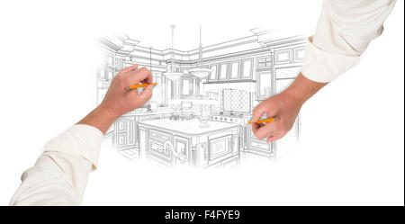 Two Male Hands Sketching with Pencil the Outline of a Beautiful Custom Kitchen. Stock Photo