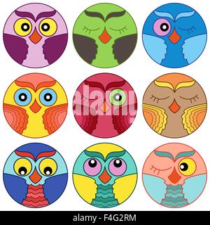 Set of nine cute colorful owl faces placed in circle forms and isolated on a white background, cartoon vector illustration as ic Stock Vector