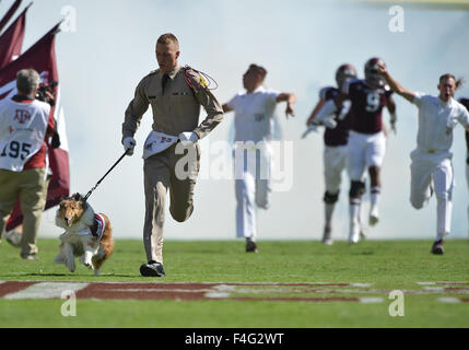 College Station, Texas, USA. 17th Oct, 2015. Reveille and her handler during the game between the Texas A&M Aggies and the Alabama Crimson Tide at Kyle Field in College Station, Texas. Alabama leads the first half against the Texas A&M, 28-13. Patrick Green/CSM/Alamy Live News Stock Photo