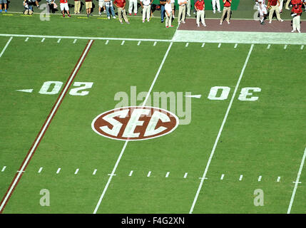 College Station, Texas, USA. 17th Oct, 2015. SEC logo on the field during the game between the Texas A&M Aggies and the Alabama Crimson Tide at Kyle Field in College Station, Texas. Alabama leads the first half against the Texas A&M, 28-13. Patrick Green/CSM/Alamy Live News Stock Photo