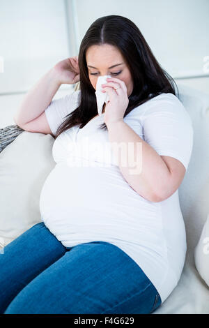 Pregnant woman blowing her nose Stock Photo