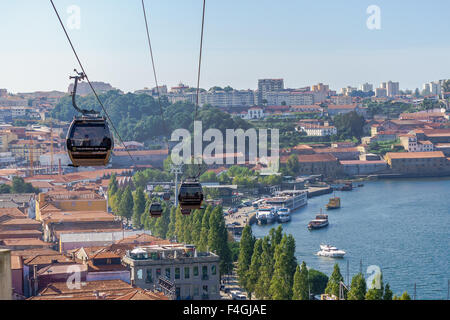 Cable cars sour over Gaia, the port wine capital, across the river from Porto. October, 2015. Porto, Portugal. Stock Photo