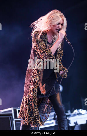 The Pretty Reckless performs live on tour.   The Pretty Reckless is an American rock band from New York City. The current members are Taylor Momsen (lead vocals, rhythm guitar), Ben Phillips (lead guitar, backing vocals), Mark Damon (bass) and Jamie Perkins (drums). Stock Photo