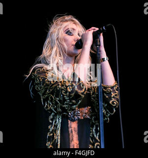 The Pretty Reckless performs live on tour.   The Pretty Reckless is an American rock band from New York City. The current members are Taylor Momsen (lead vocals, rhythm guitar), Ben Phillips (lead guitar, backing vocals), Mark Damon (bass) and Jamie Perkins (drums). Stock Photo