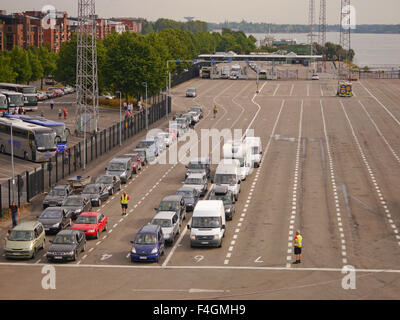 Cars queuing up for the Helsinki to Tallinn ferry at Helsinki ferry port. Stock Photo