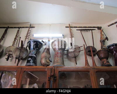 All kind of string, wind and percussion musical instruments in Marrakesh,  Morocco Musical instrument shop Stock Photo