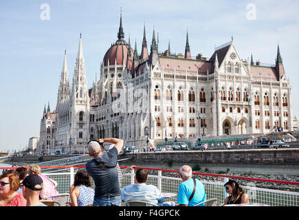 Hungarian Parliament Building seen from a tour boat on the River Danube, Budapest, Hungary Stock Photo