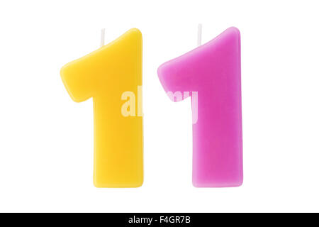 Colorful birthday candles in the form of the number eleven on white background Stock Photo
